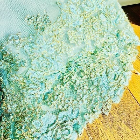 Jovani Baby Light Blue Gold Corset Slit Strapless Gown - Picture 5 of 12